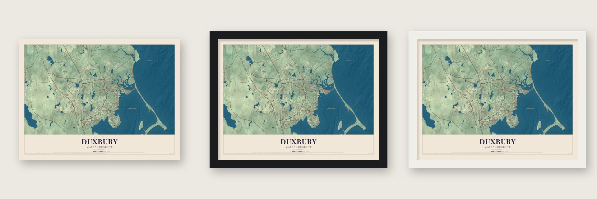 Duxbury, Massachusetts map unframed, in a black wood frame and in a white wood frame