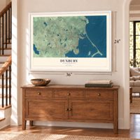 Duxbury, Massachusetts map, 24 x 36 inch print in a white frame above a dresser by a staircase