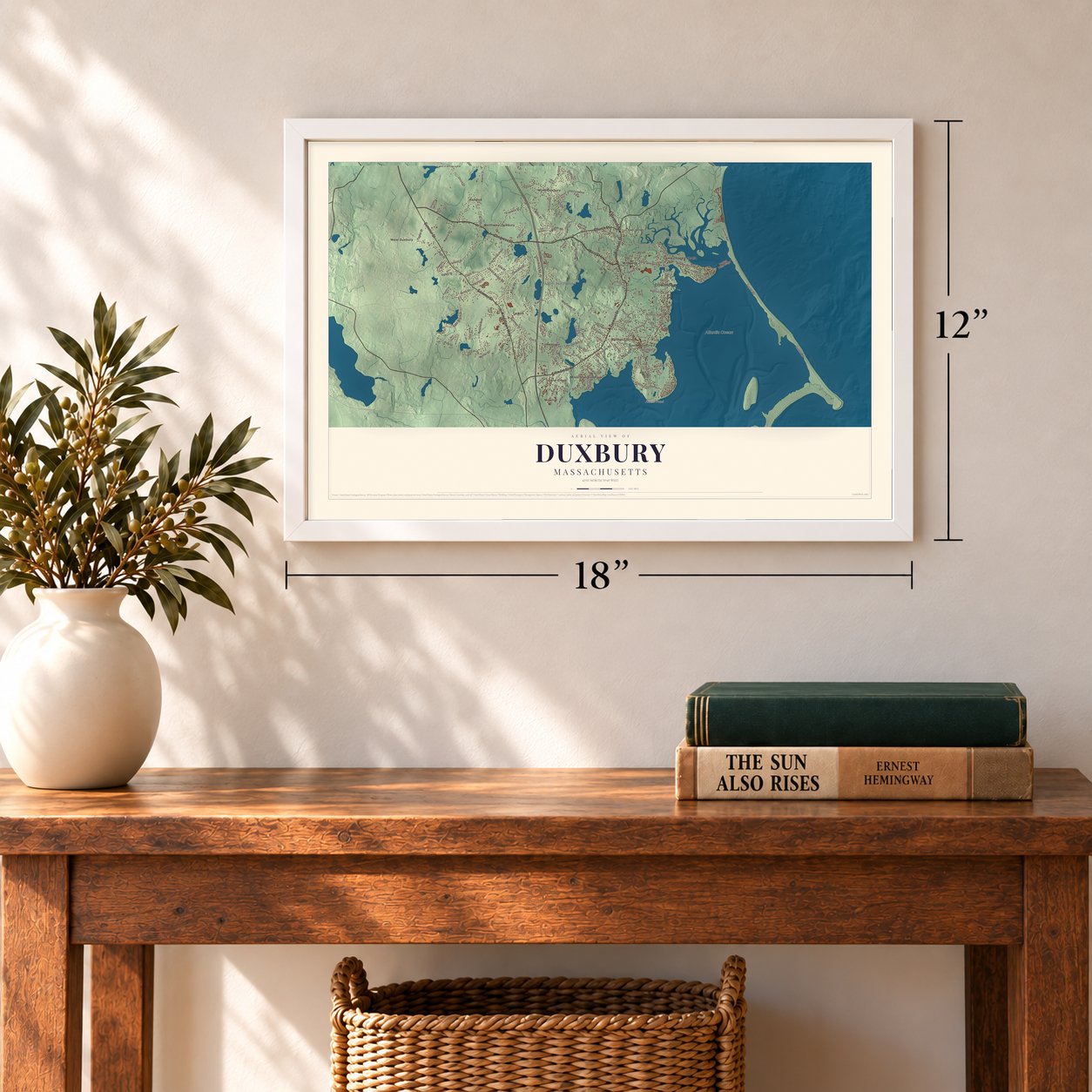 Duxbury, Massachusetts map, 12 x 18 inch print in a white frame in an entryway