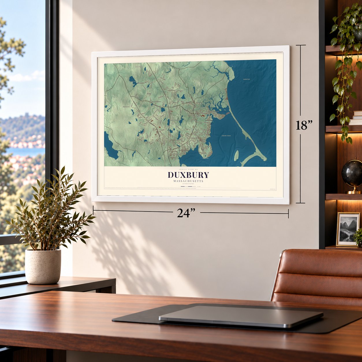 Duxbury, Massachusetts map, 18 x 24 inch print in a white frame in a home office