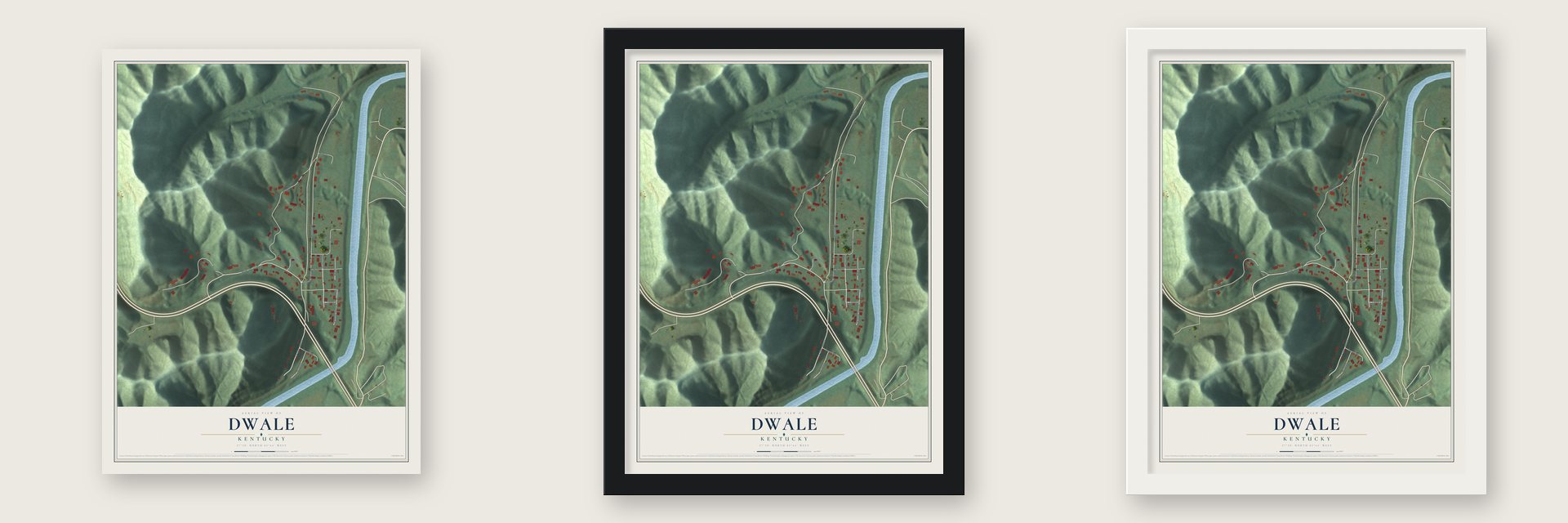 Dwale, Kentucky map unframed, in a black wood frame and in a white wood frame