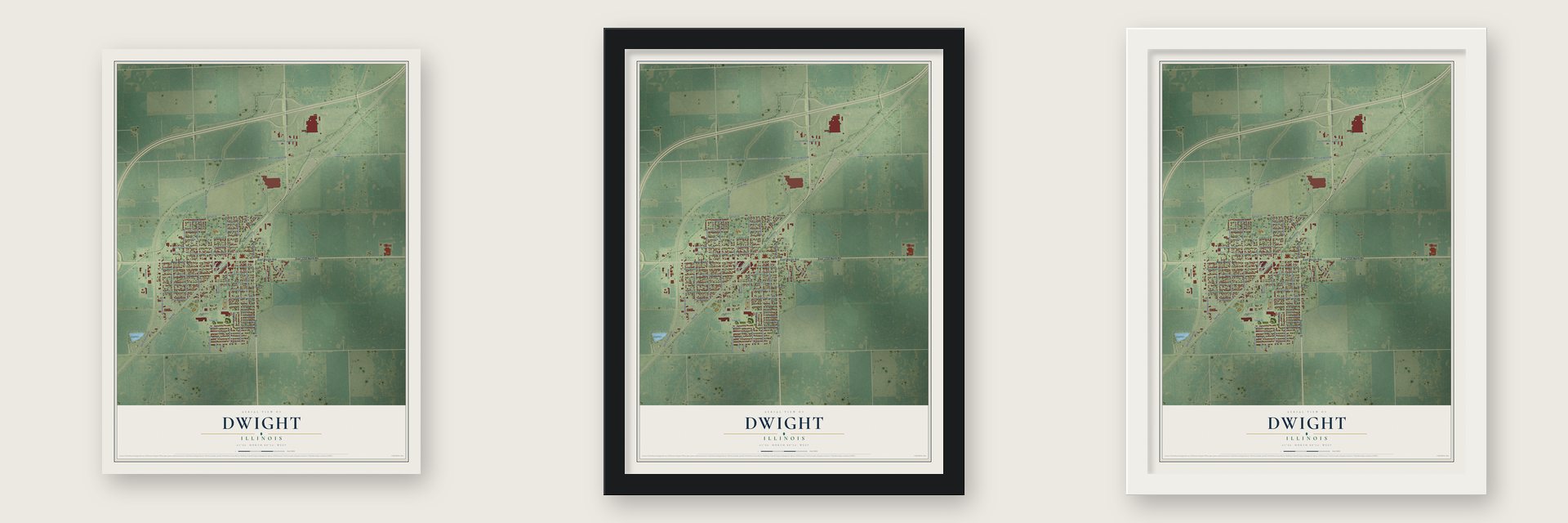 Dwight, Illinois map unframed, in a black wood frame and in a white wood frame