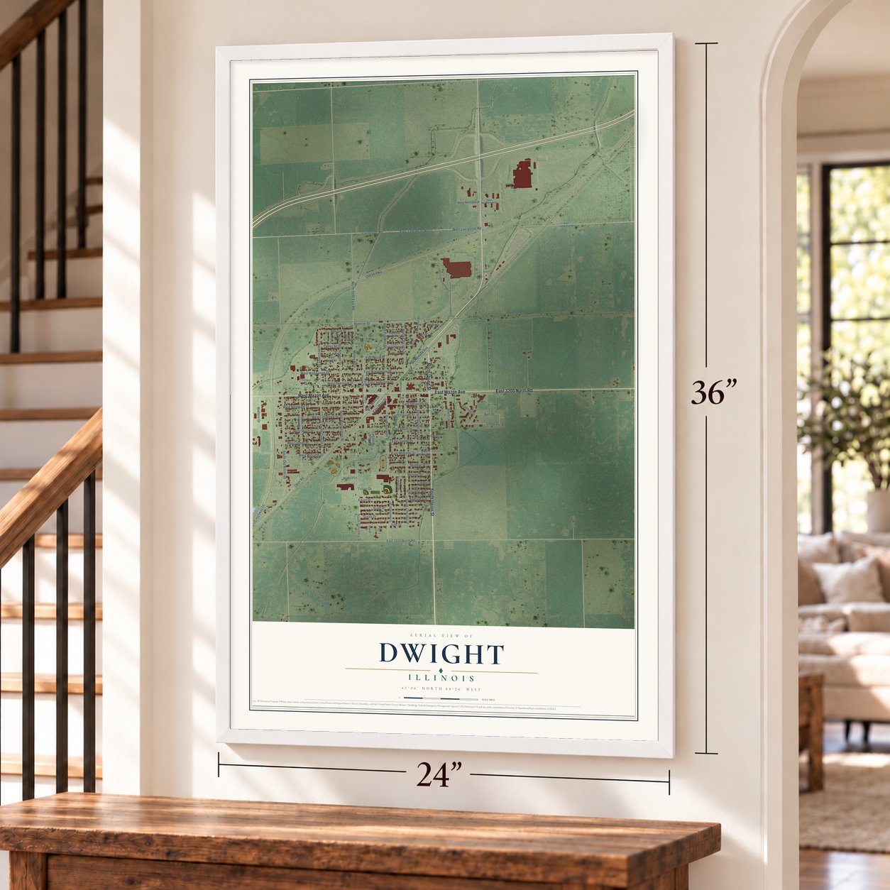 Dwight, Illinois map, 24 x 36 inch print in a white frame by a staircase