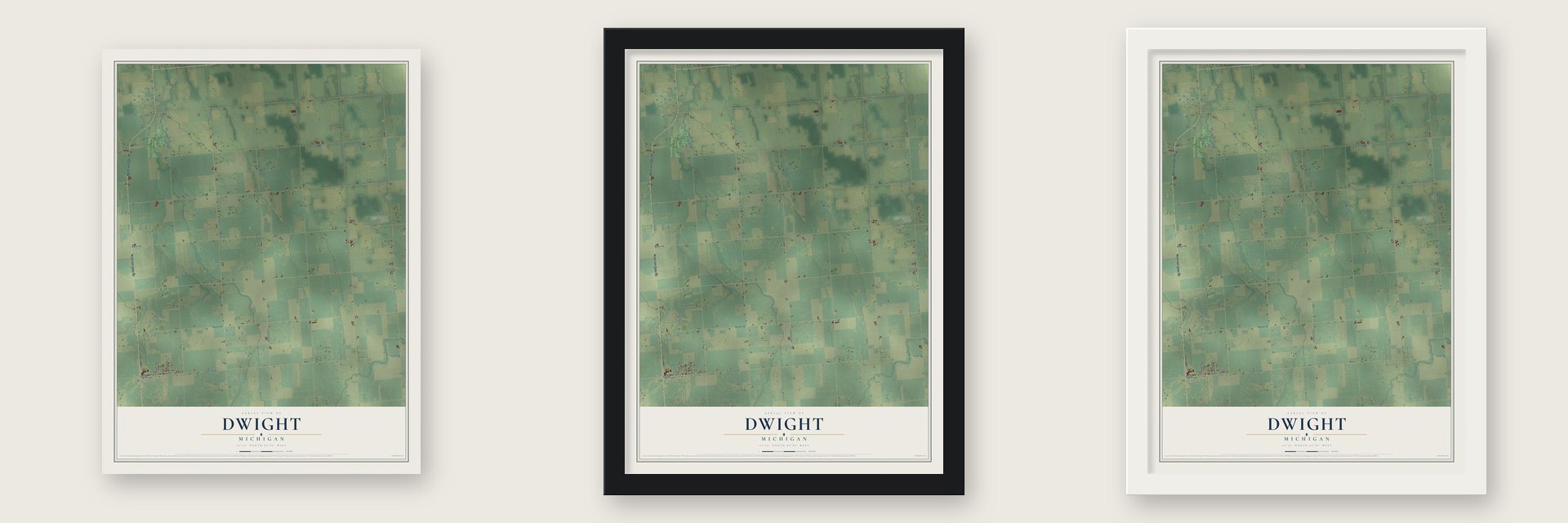 Dwight, Michigan map unframed, in a black wood frame and in a white wood frame