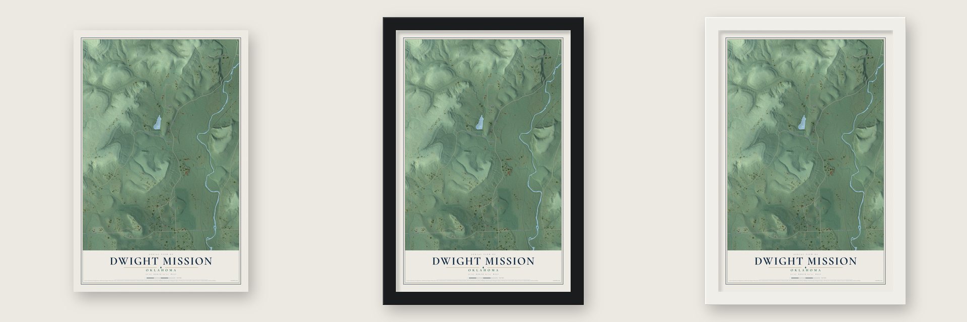 Dwight Mission, Oklahoma map unframed, in a black wood frame and in a white wood frame