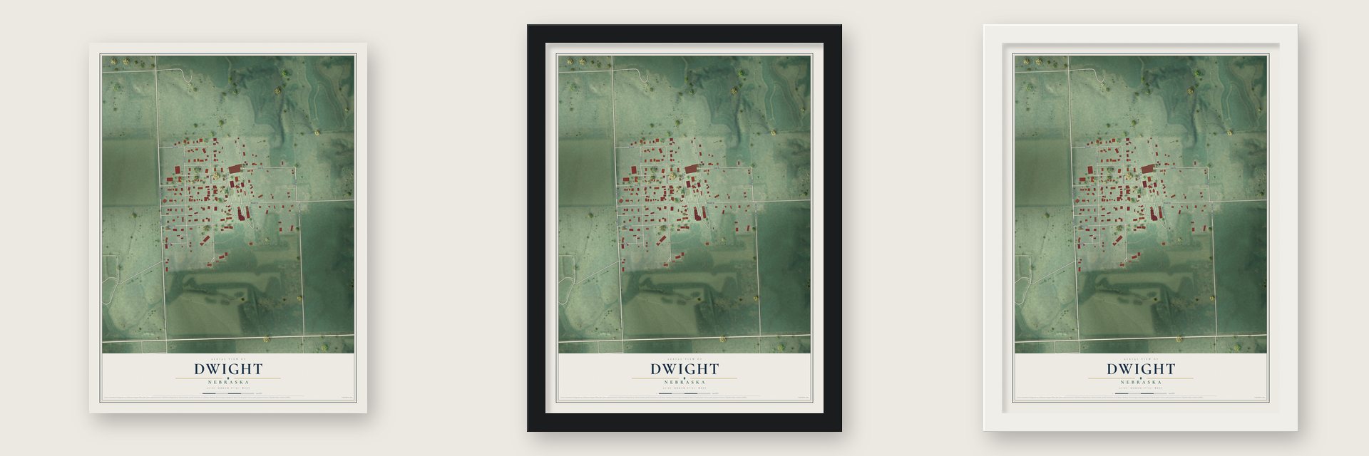 Dwight, Nebraska map unframed, in a black wood frame and in a white wood frame