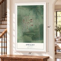 Dwight, Nebraska map, 24 x 36 inch print in a white frame by a staircase