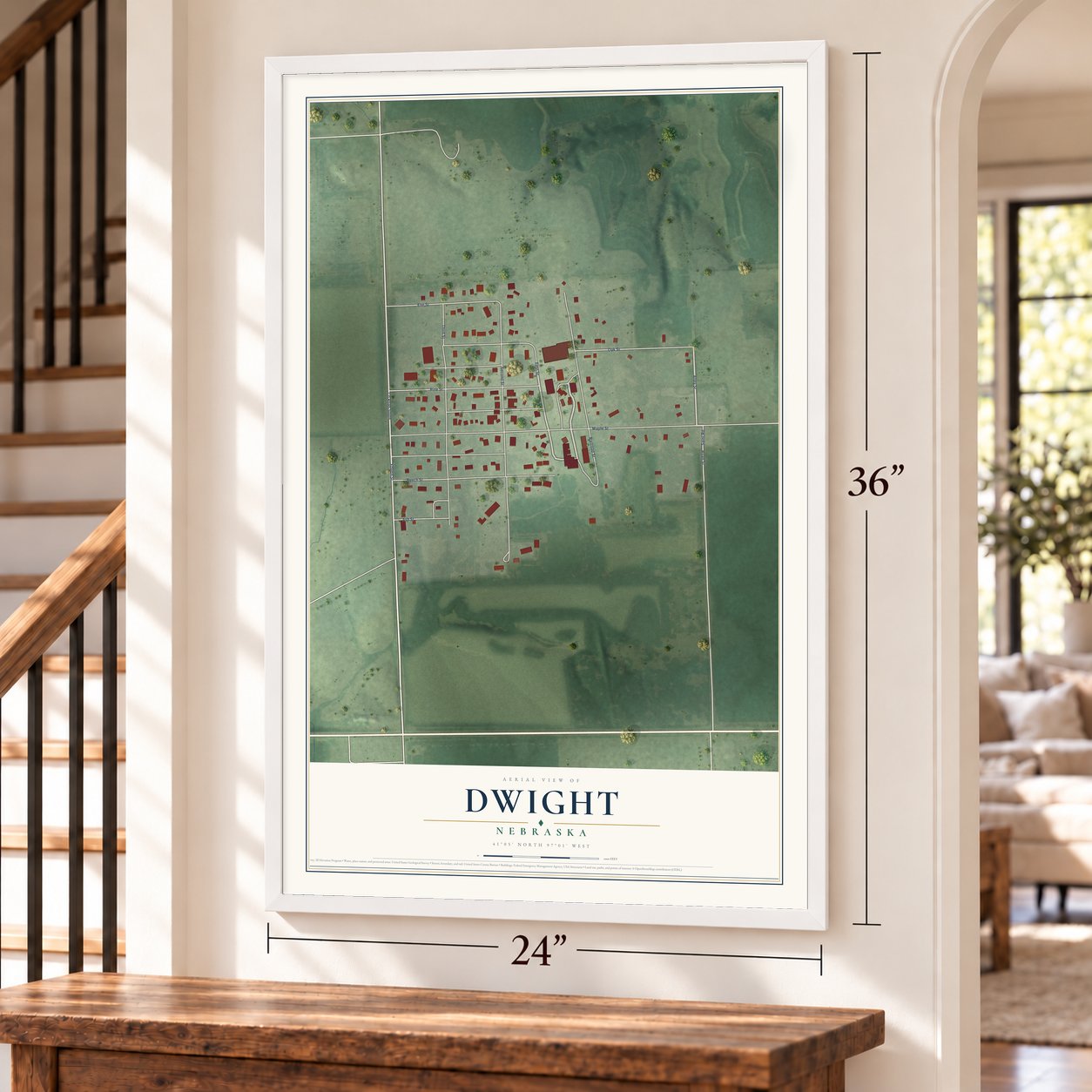 Dwight, Nebraska map, 24 x 36 inch print in a white frame by a staircase