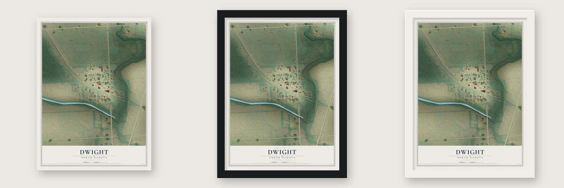Dwight, North Dakota map unframed, in a black wood frame and in a white wood frame