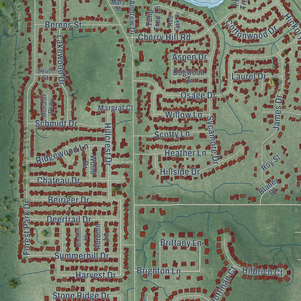 Second close-up of the map of Dyer, Indiana print showing more streets and buildings