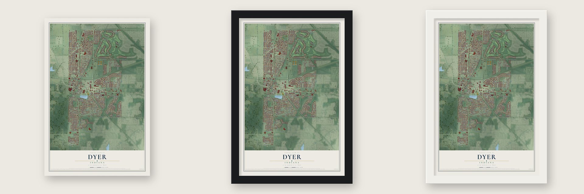 Dyer, Indiana map unframed, in a black wood frame and in a white wood frame