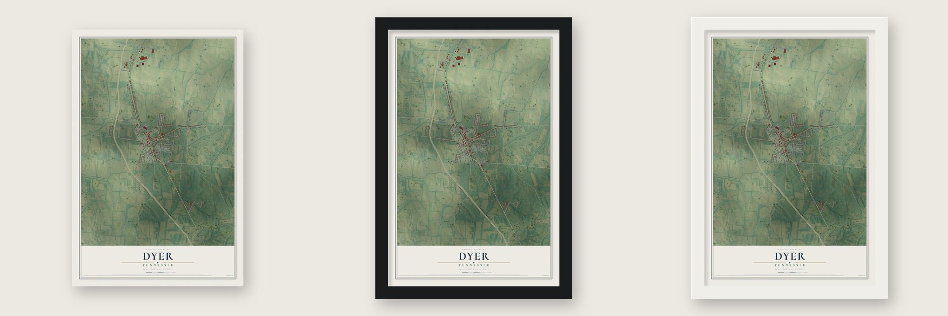 Dyer, Tennessee map unframed, in a black wood frame and in a white wood frame
