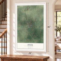 Dyer, Tennessee map, 24 x 36 inch print in a white frame by a staircase