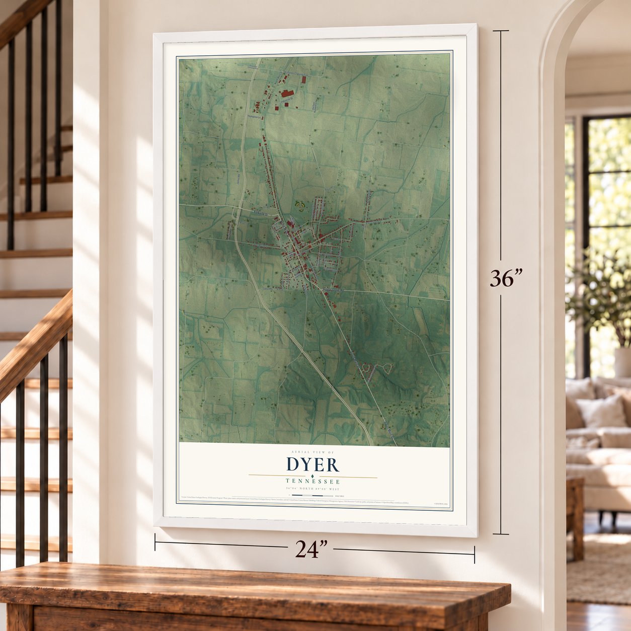Dyer, Tennessee map, 24 x 36 inch print in a white frame by a staircase