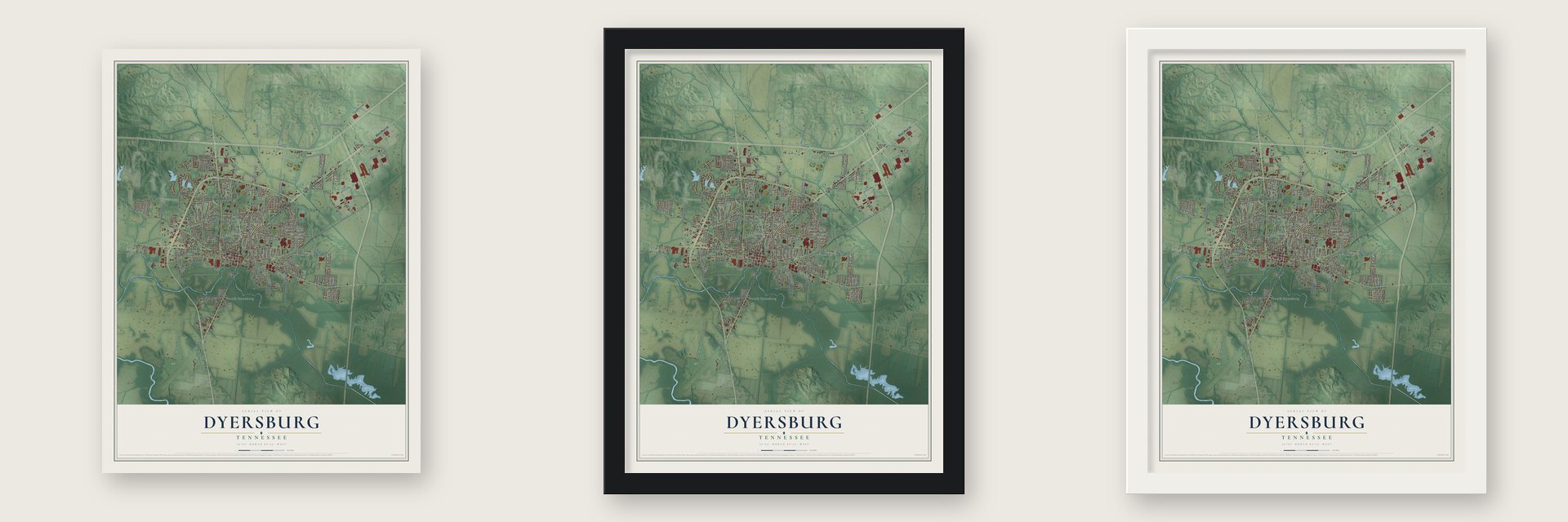 Dyersburg, Tennessee map unframed, in a black wood frame and in a white wood frame