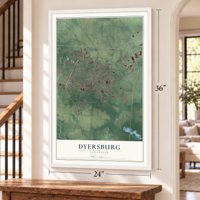 Dyersburg, Tennessee map, 24 x 36 inch print in a white frame by a staircase