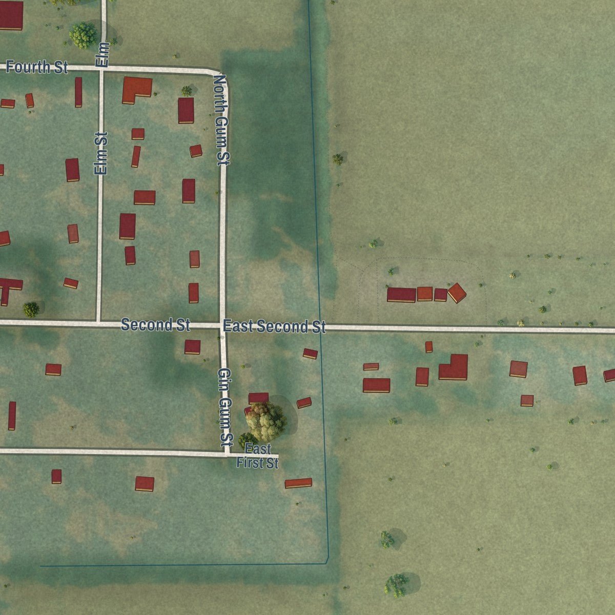Second close-up of the map of Dyess, Arkansas print showing more streets and buildings
