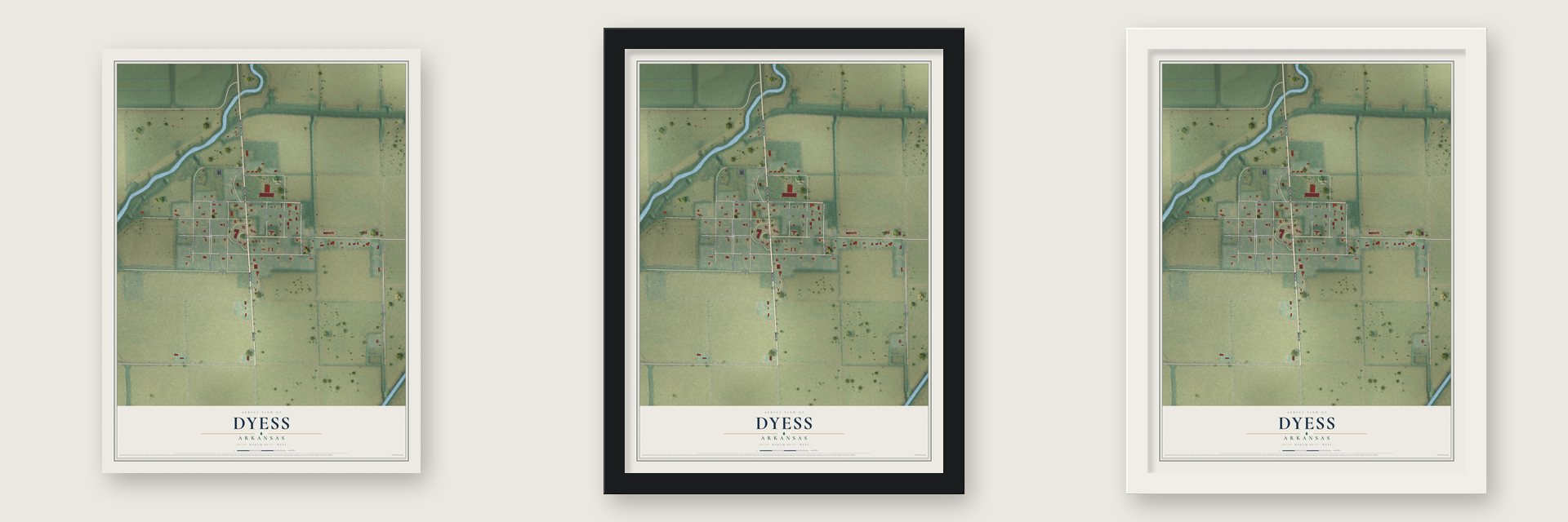 Dyess, Arkansas map unframed, in a black wood frame and in a white wood frame