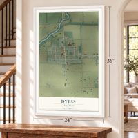 Dyess, Arkansas map, 24 x 36 inch print in a white frame by a staircase