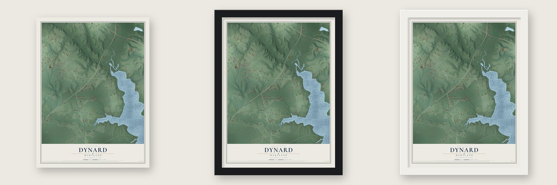 Dynard, Maryland map unframed, in a black wood frame and in a white wood frame