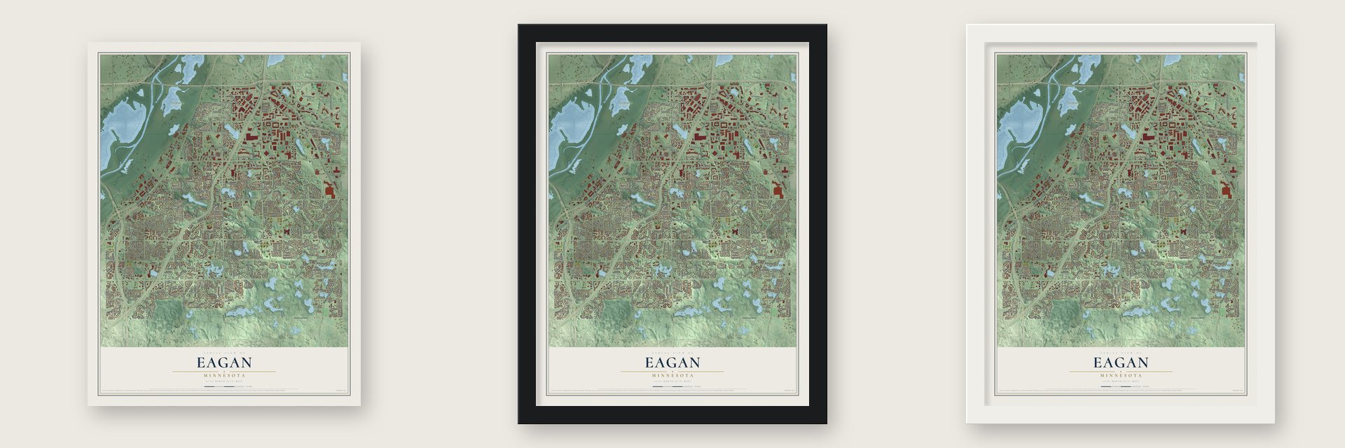 Eagan, Minnesota map unframed, in a black wood frame and in a white wood frame