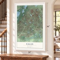Eagan, Minnesota map, 24 x 36 inch print in a white frame by a staircase