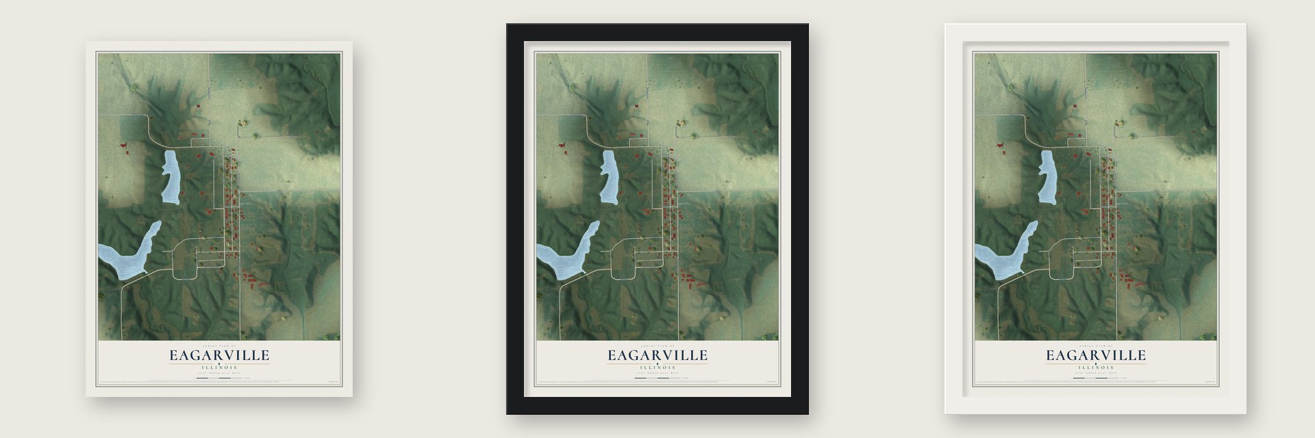 Eagarville, Illinois map unframed, in a black wood frame and in a white wood frame