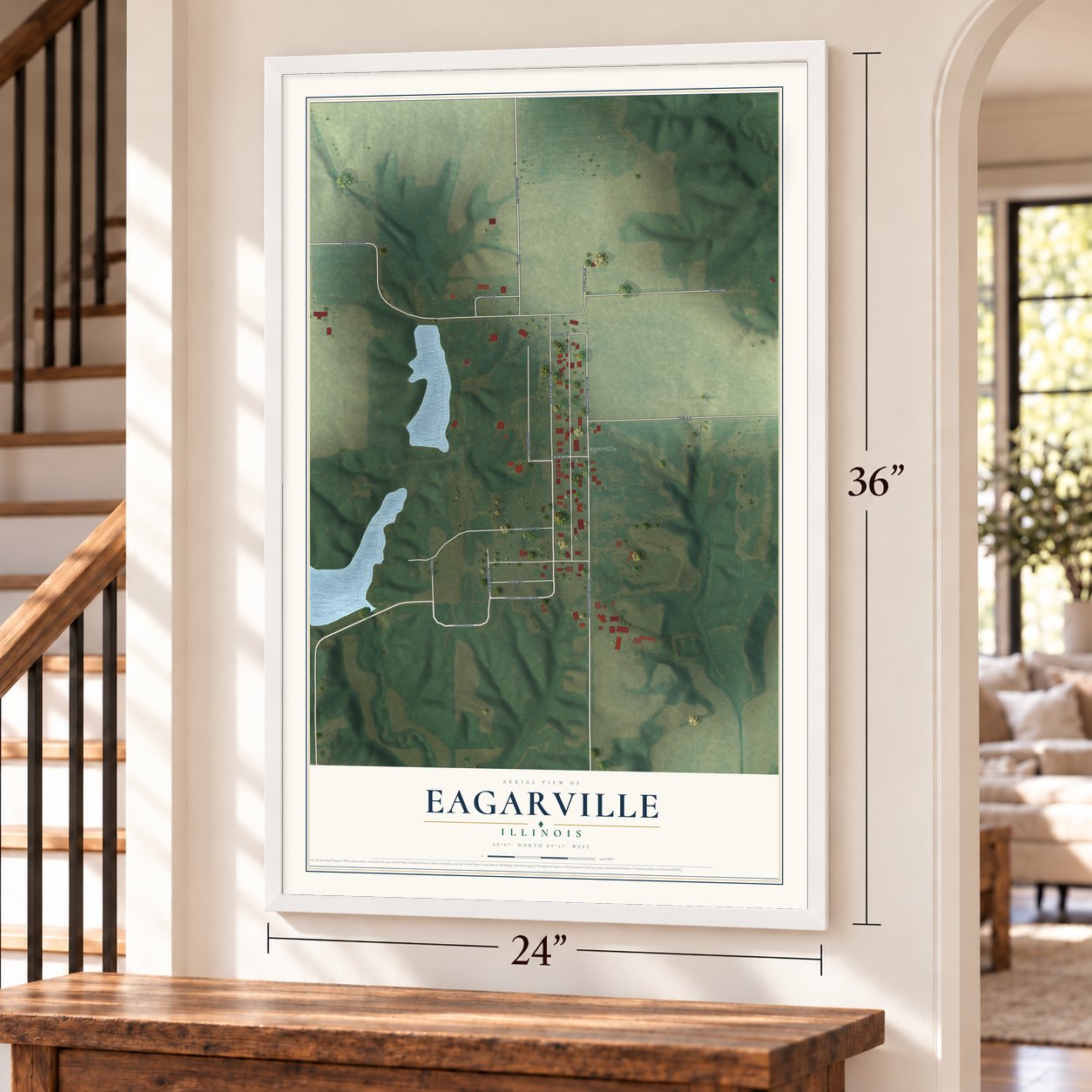 Eagarville, Illinois map, 24 x 36 inch print in a white frame by a staircase