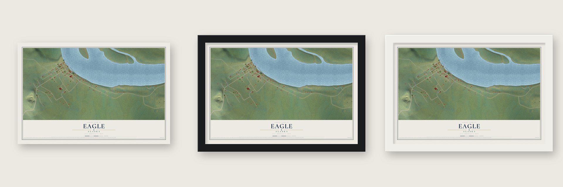 Eagle, Alaska map unframed, in a black wood frame and in a white wood frame