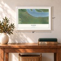 Eagle, Alaska map, 12 x 18 inch print in a white frame in an entryway