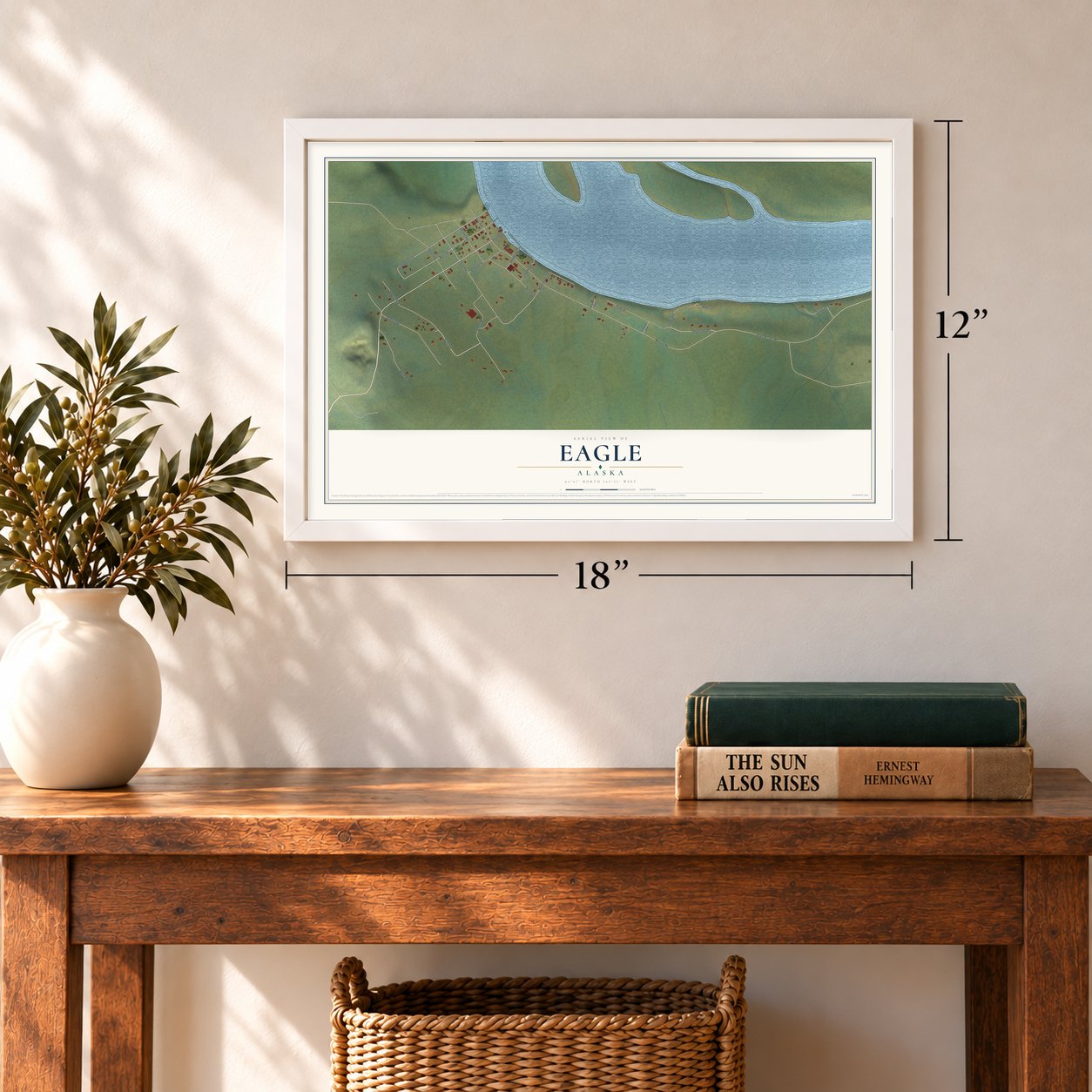 Eagle, Alaska map, 12 x 18 inch print in a white frame in an entryway