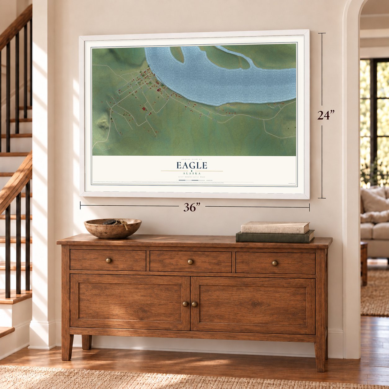 Eagle, Alaska map, 24 x 36 inch print in a white frame above a dresser by a staircase