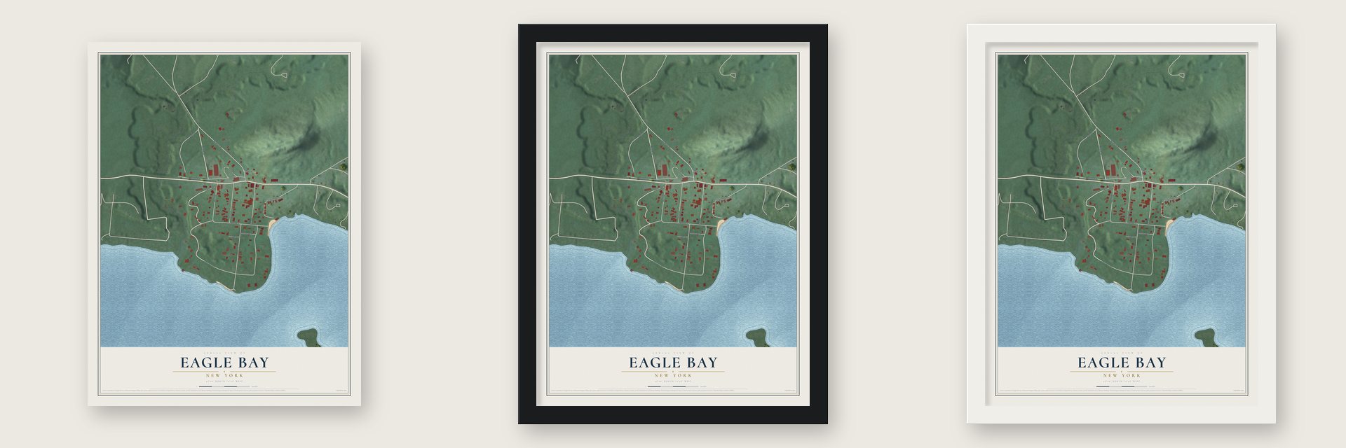 Eagle Bay, New York map unframed, in a black wood frame and in a white wood frame