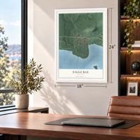 Eagle Bay, New York map, 18 x 24 inch print in a white frame in a home office