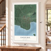 Eagle Bay, New York map, 24 x 36 inch print in a white frame by a staircase