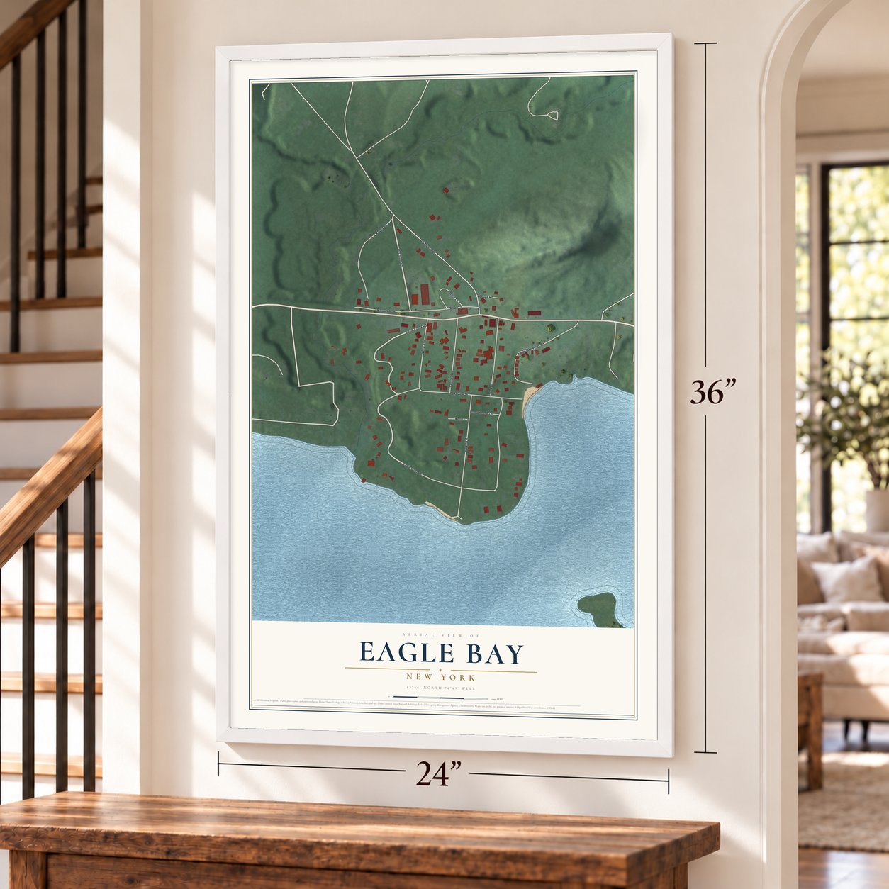 Eagle Bay, New York map, 24 x 36 inch print in a white frame by a staircase