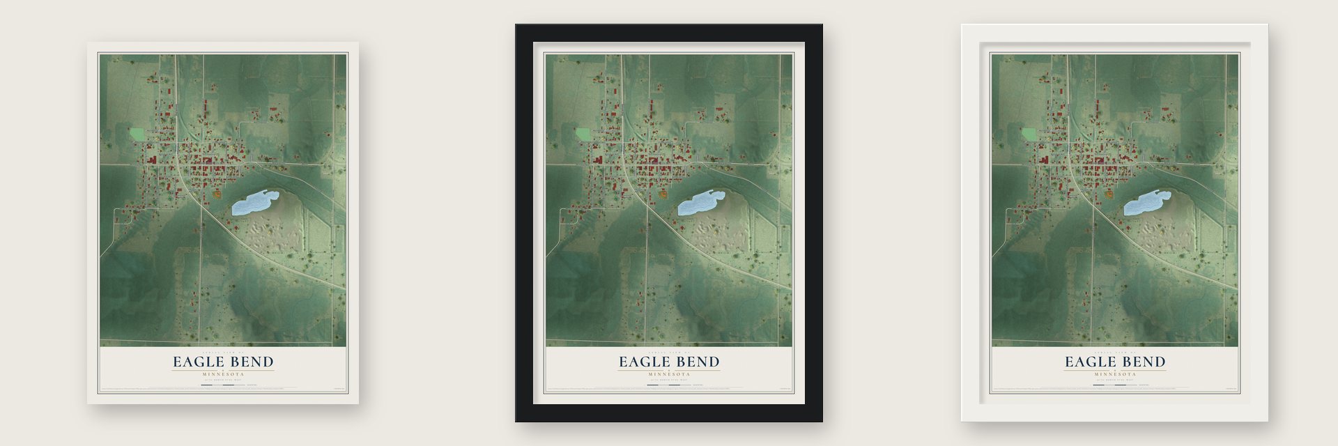 Eagle Bend, Minnesota map unframed, in a black wood frame and in a white wood frame