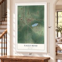 Eagle Bend, Minnesota map, 24 x 36 inch print in a white frame by a staircase