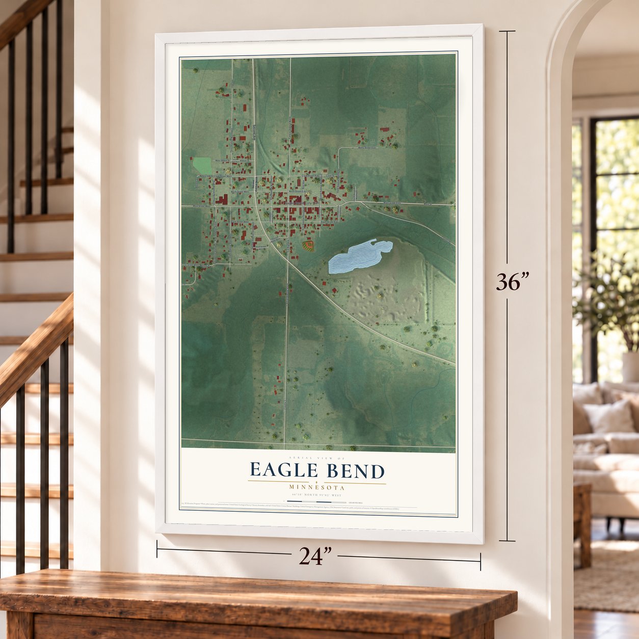 Eagle Bend, Minnesota map, 24 x 36 inch print in a white frame by a staircase