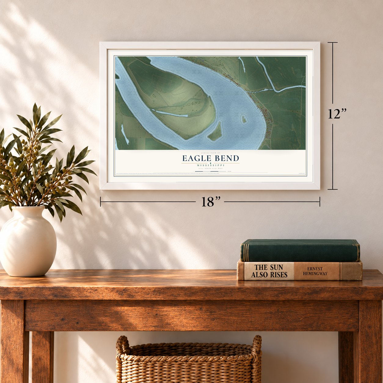 Eagle Bend, Mississippi map, 12 x 18 inch print in a white frame in an entryway