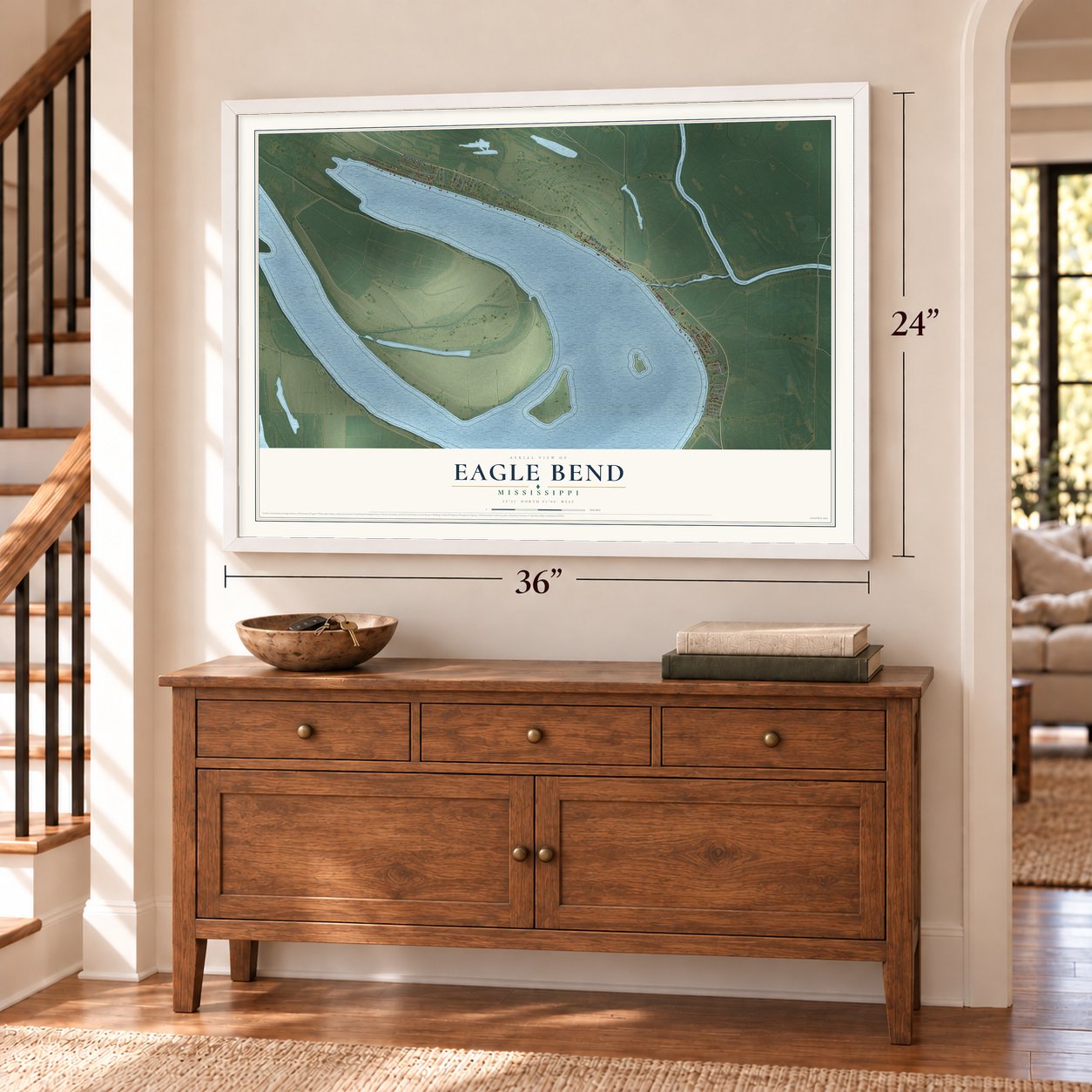 Eagle Bend, Mississippi map, 24 x 36 inch print in a white frame above a dresser by a staircase