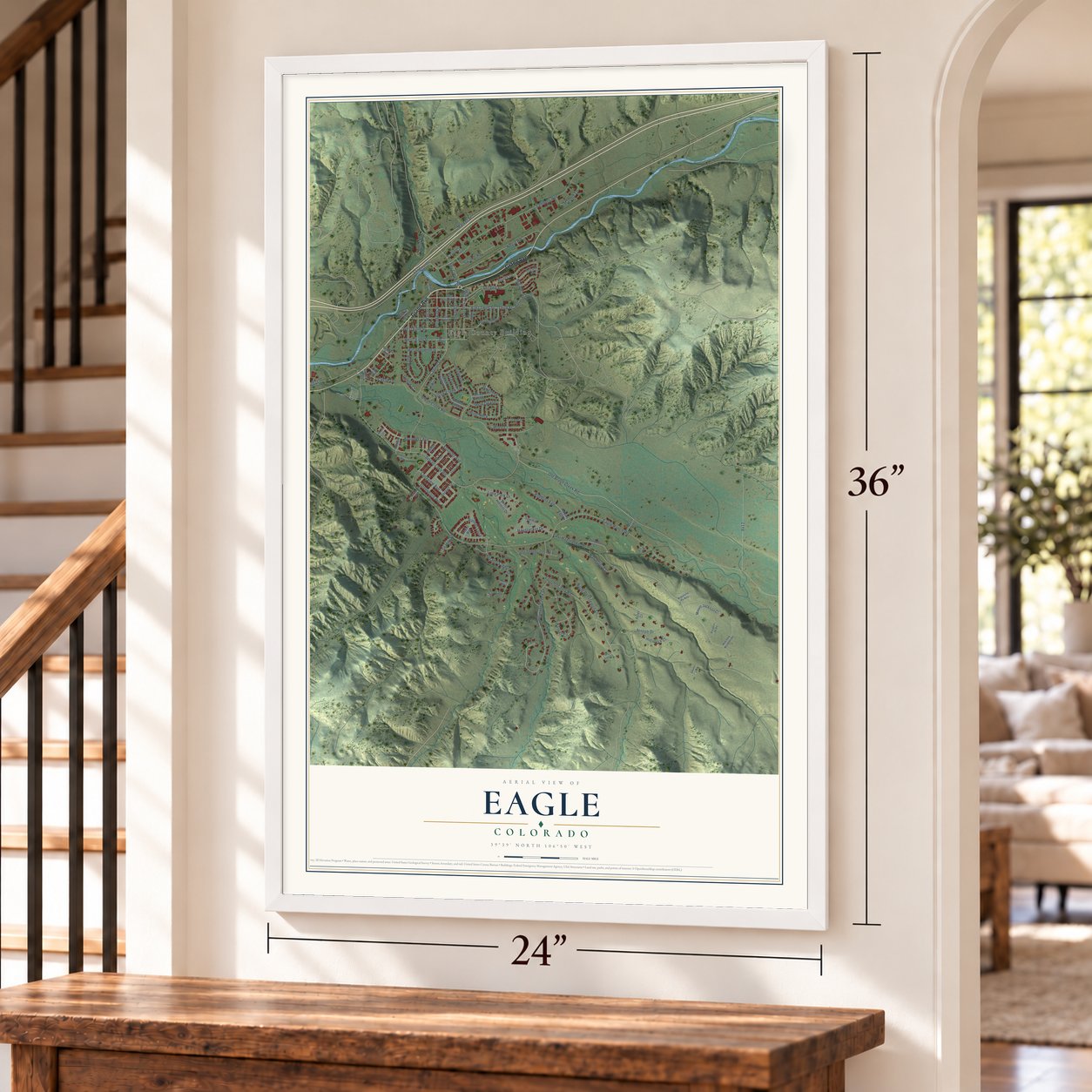Eagle, Colorado map, 24 x 36 inch print in a white frame by a staircase