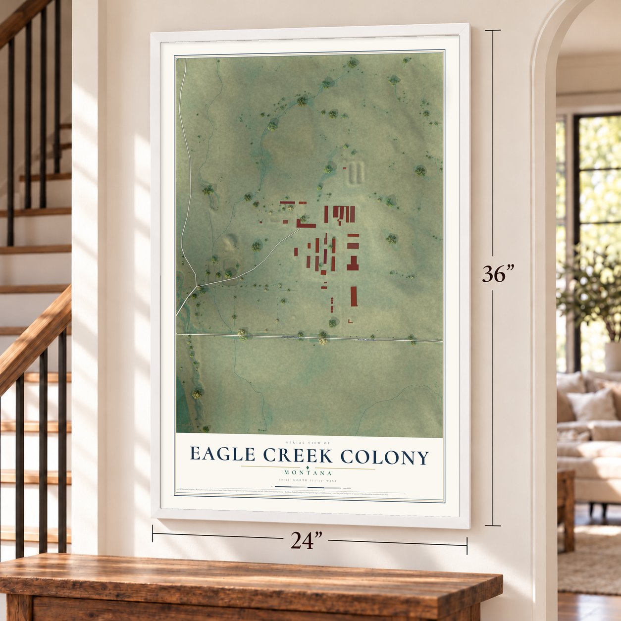 Eagle Creek Colony, Montana map, 24 x 36 inch print in a white frame by a staircase