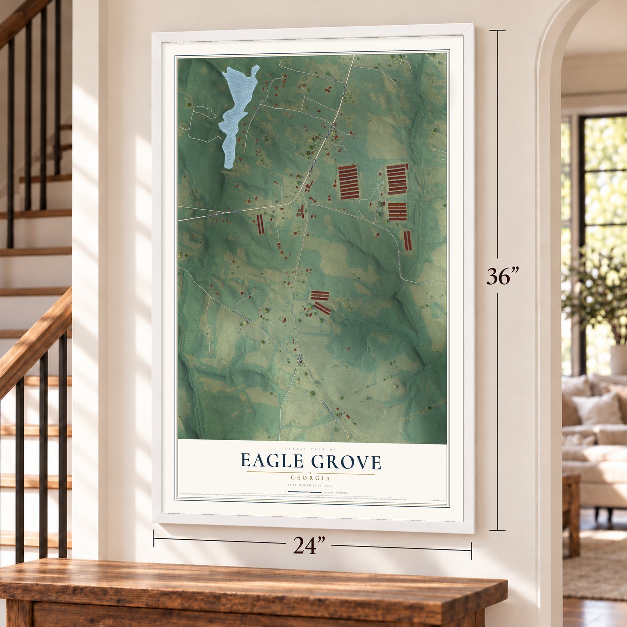 Eagle Grove, Georgia map, 24 x 36 inch print in a white frame by a staircase