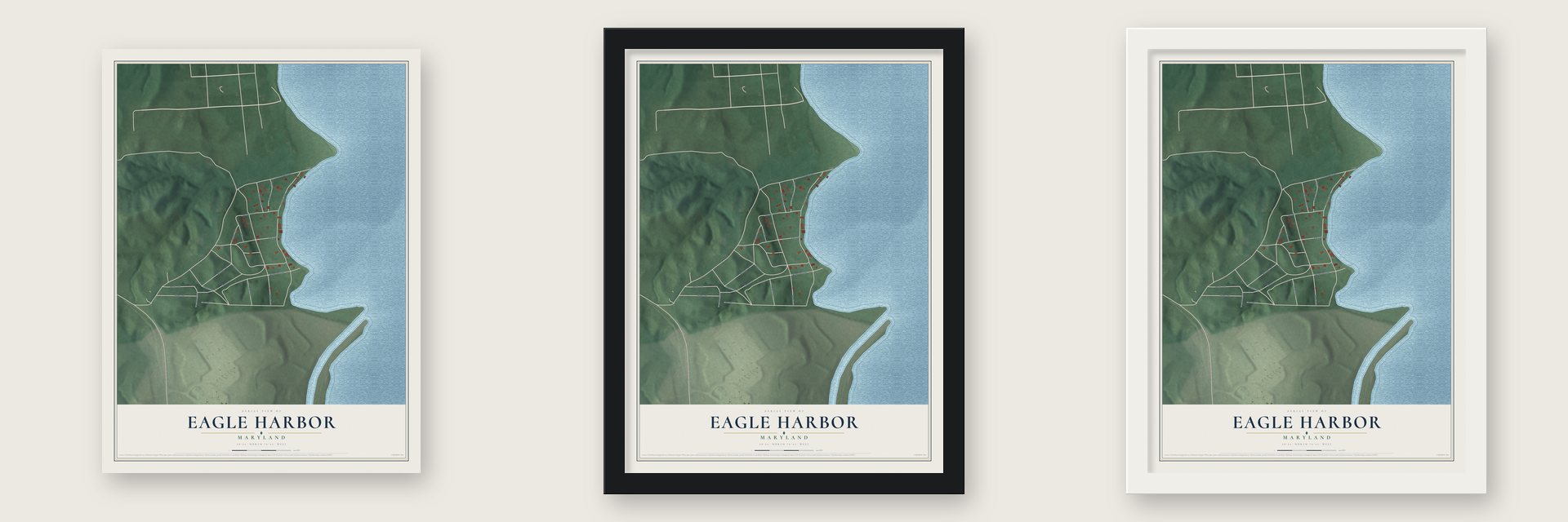 Eagle Harbor, Maryland map unframed, in a black wood frame and in a white wood frame