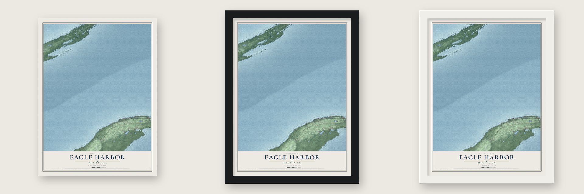 Eagle Harbor, Michigan map unframed, in a black wood frame and in a white wood frame