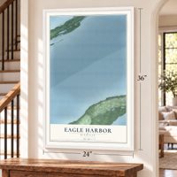 Eagle Harbor, Michigan map, 24 x 36 inch print in a white frame by a staircase