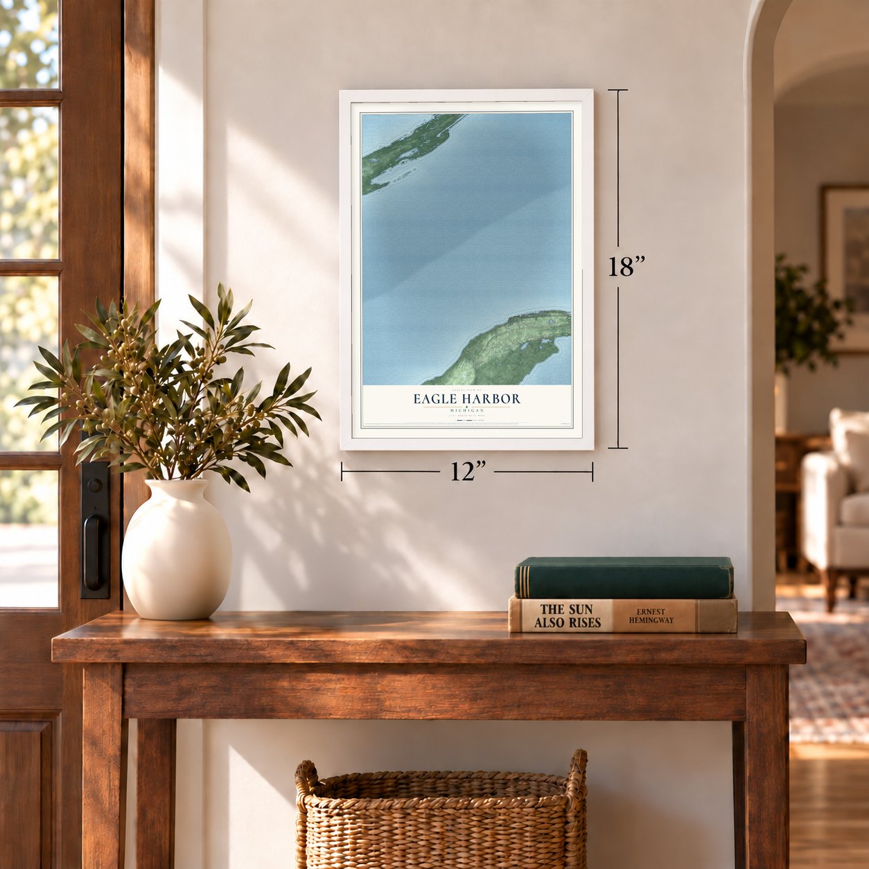 Eagle Harbor, Michigan map, 12 x 18 inch print in a white frame in an entryway