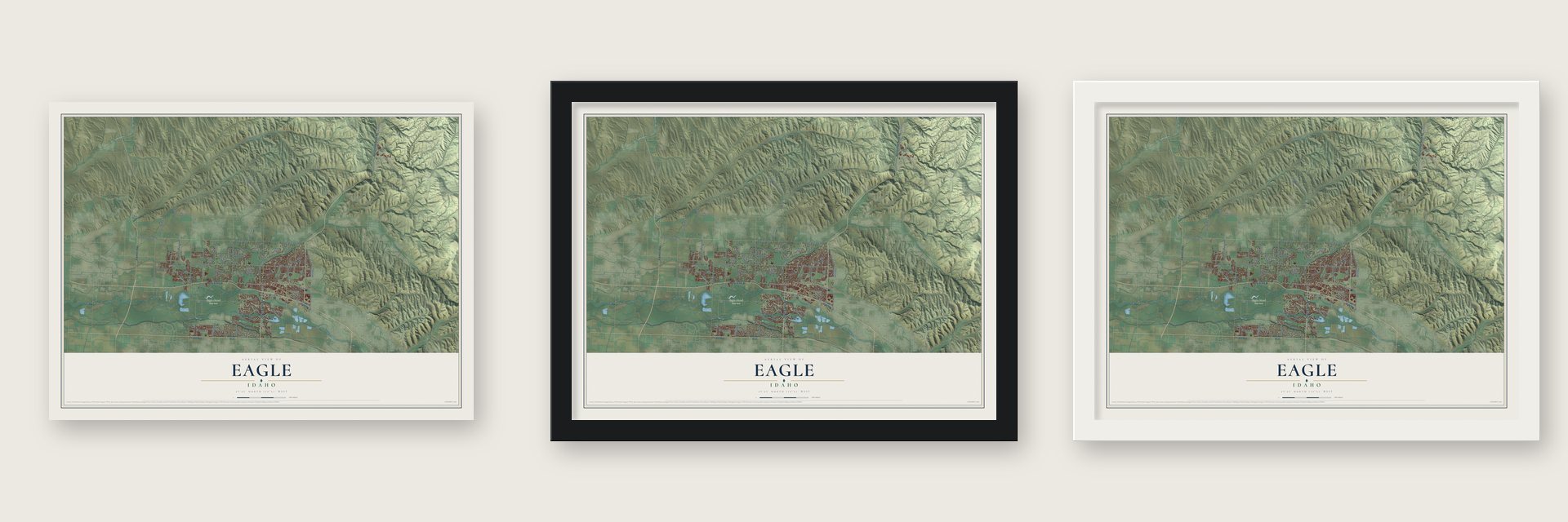 Eagle, Idaho map unframed, in a black wood frame and in a white wood frame