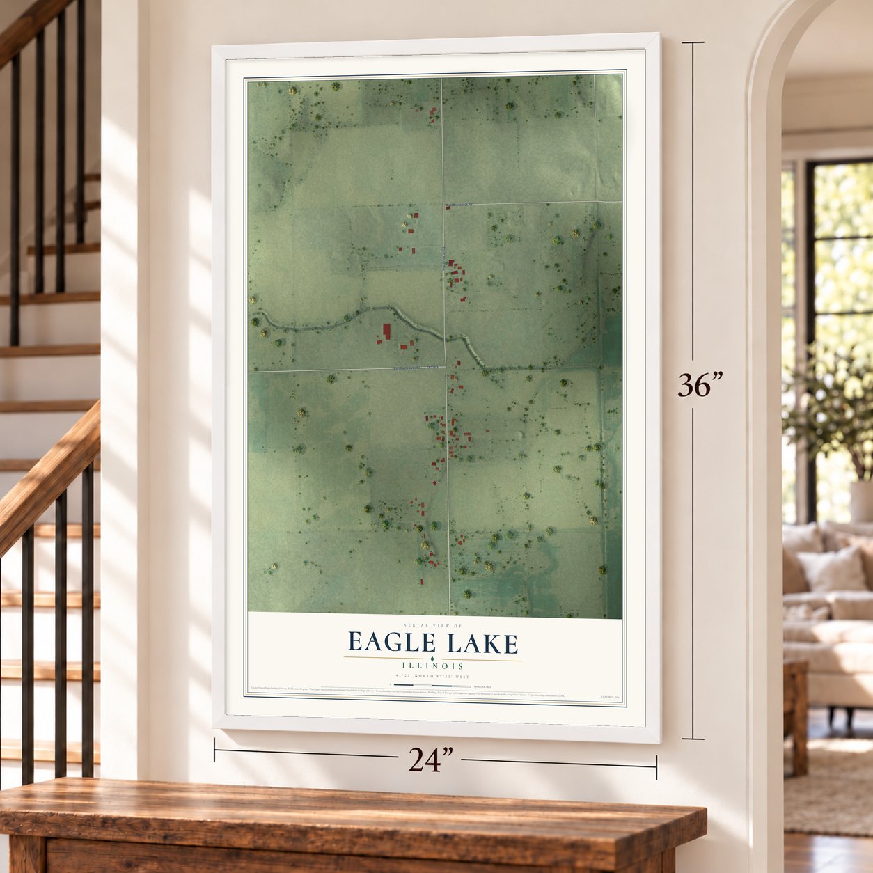 Eagle Lake, Illinois map, 24 x 36 inch print in a white frame by a staircase